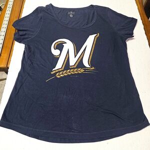 Milwaukee Brewers Womens Large Navy Blue T Shirt "M" Logo "Genuine Merchandise"